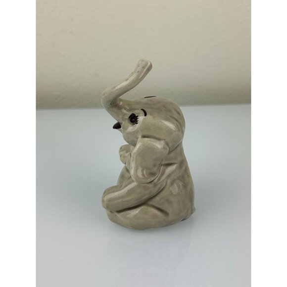 Elephant Figurine Ceramic Arts Studio Pottery Gray Eyelashes Vintage Trunk Up - Picture 7 of 12